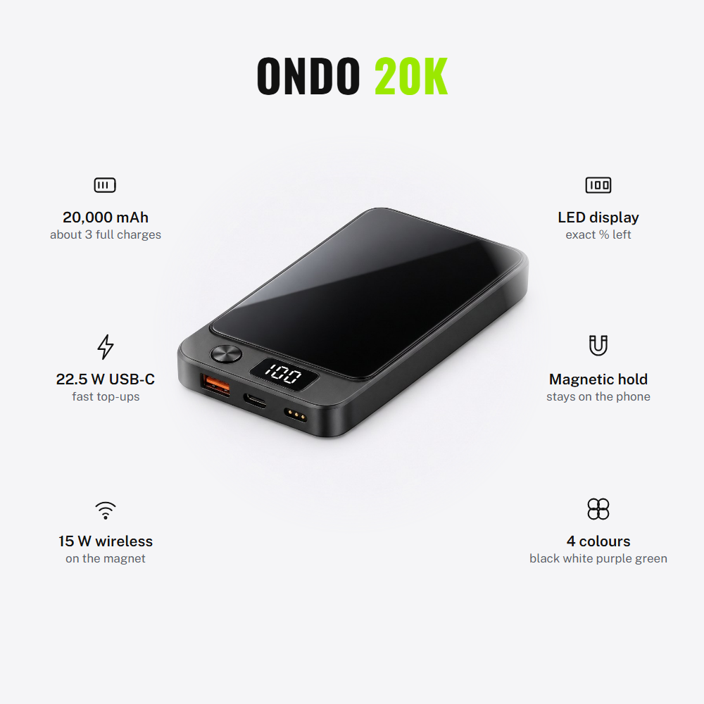 ONDO 20K magnetic power bank: 20,000 mAh, 22.5 W USB-C, 15 W wireless, LED display