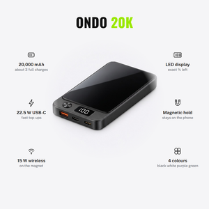 ONDO 20K magnetic power bank: 20,000 mAh, 22.5 W USB-C, 15 W wireless, LED display