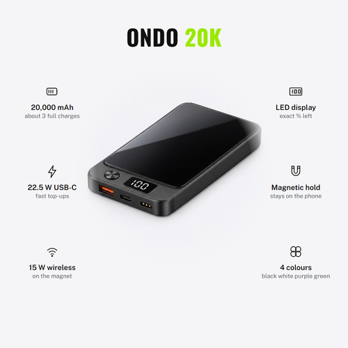 ONDO 20K magnetic power bank: 20,000 mAh, 22.5 W USB-C, 15 W wireless, LED display