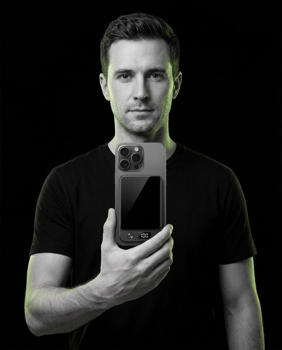 Man holding a phone with the ONDO power bank on its back
